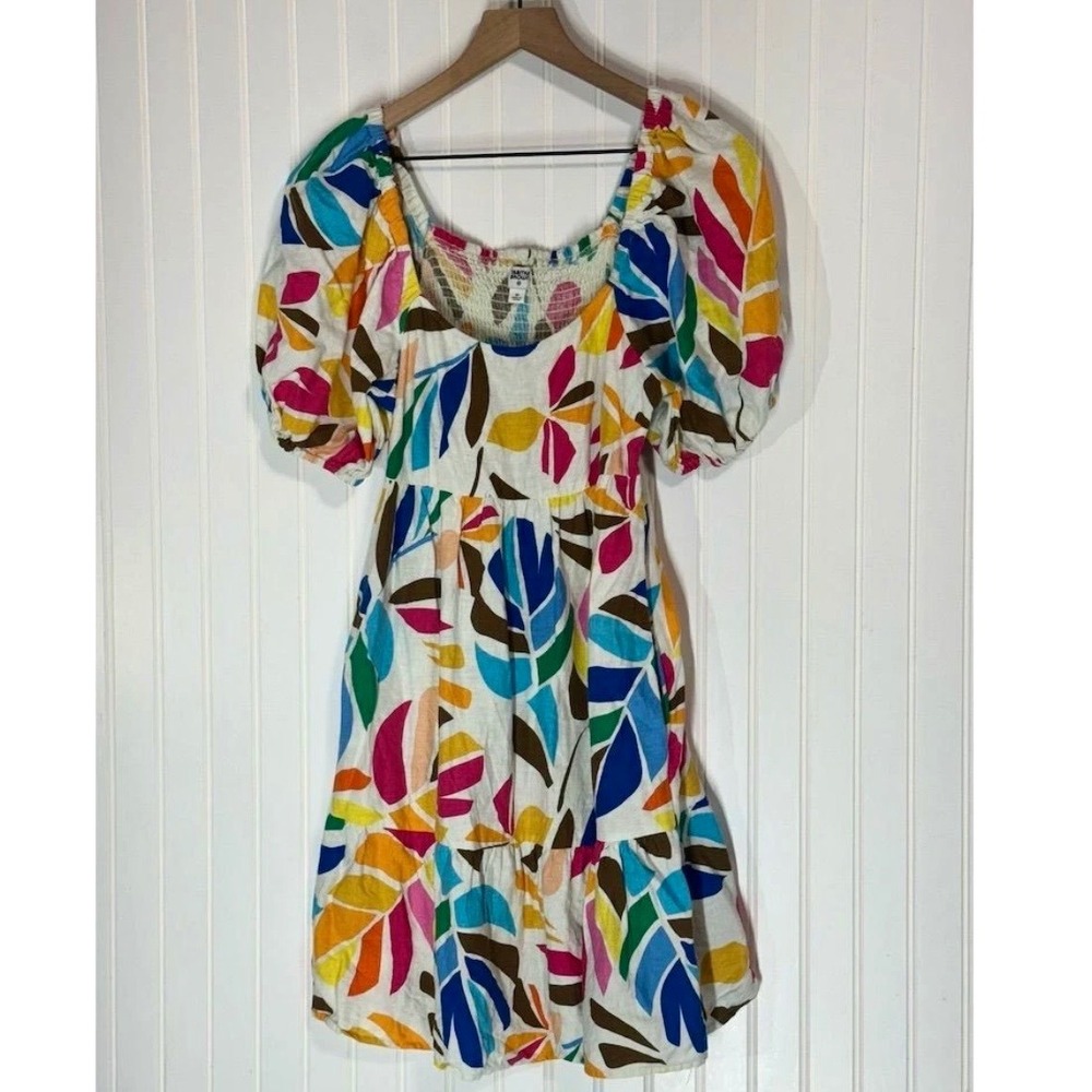 Tabitha Brown Target Size M Dress Linen Blend Smocked Puff Sleeve Boho Festival